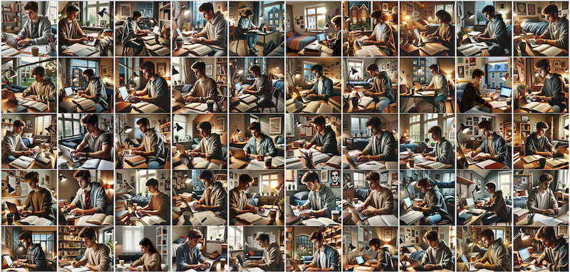 Grid of 50 AI-generated images of college students studying, showing homogenous outputs