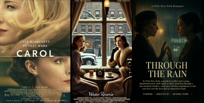 Carol poster series comparing original and AI-generated versions