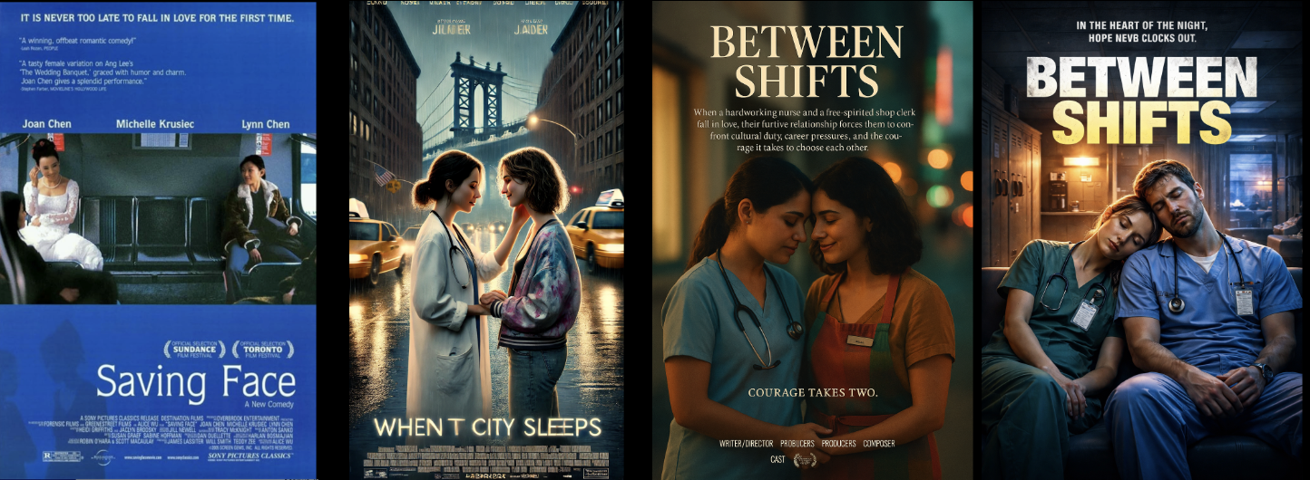 Poster series inspired by Saving Face showing original and AI-generated versions